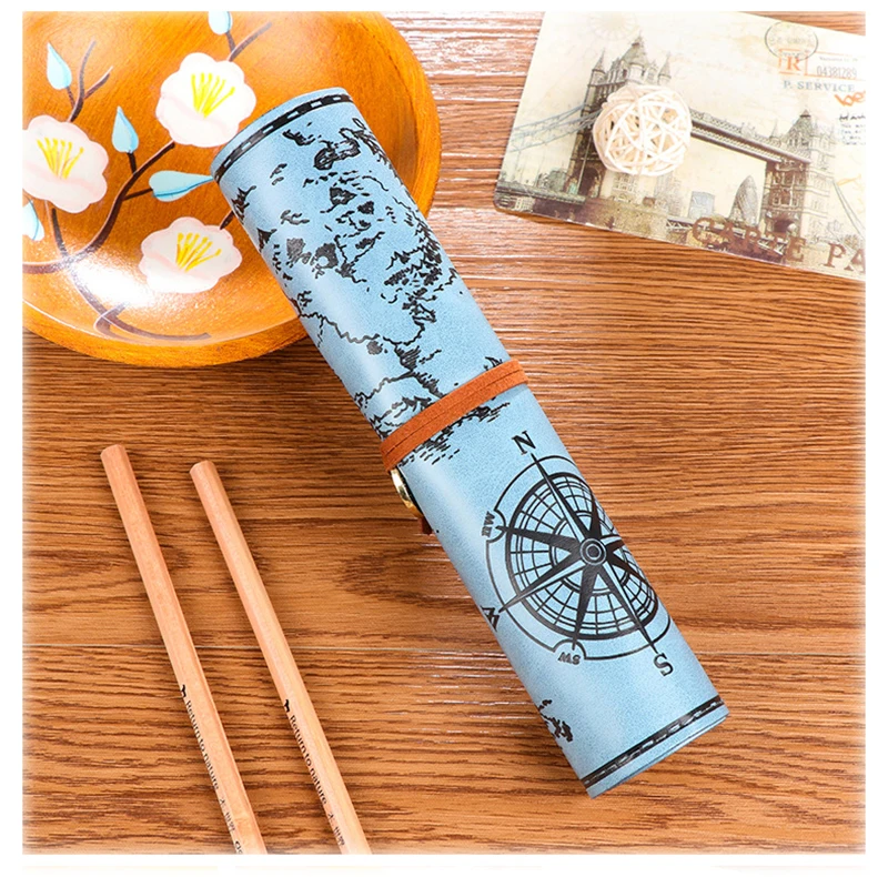 Light blue Винтажная Ретро Карта сокровища роскошный Ролл Кожа PU рулонная повязка пенал сумка для хранения подарок канцелярский школьный офисный товар - Цвет: Light blue