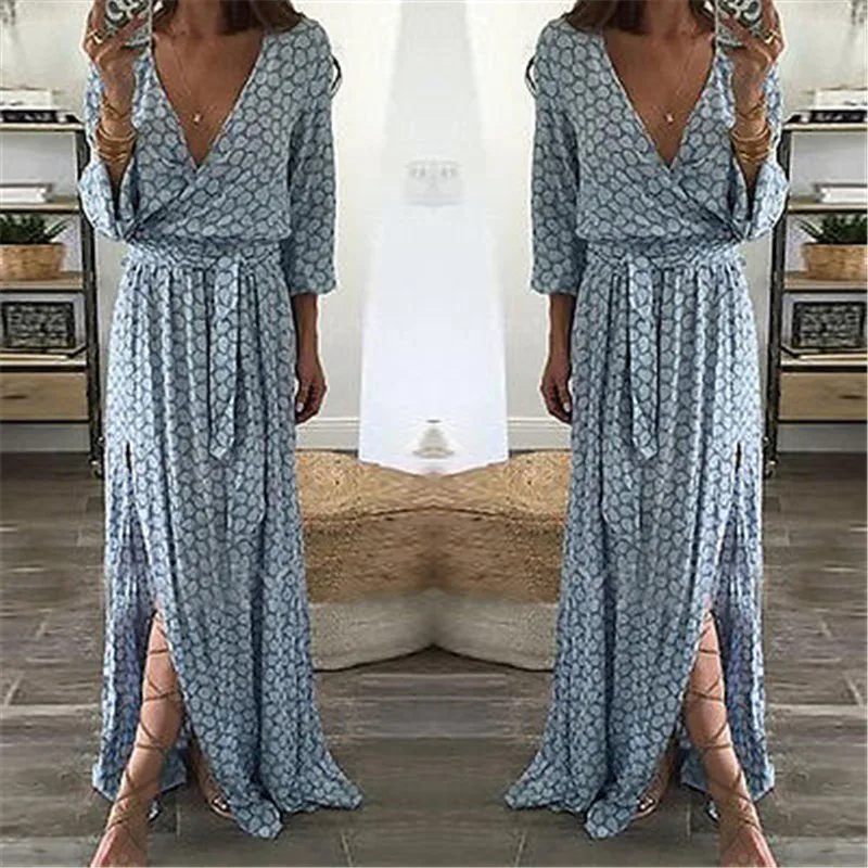 Женское осеннее платье макси с цветочным принтом вечернее в повседневном стиле