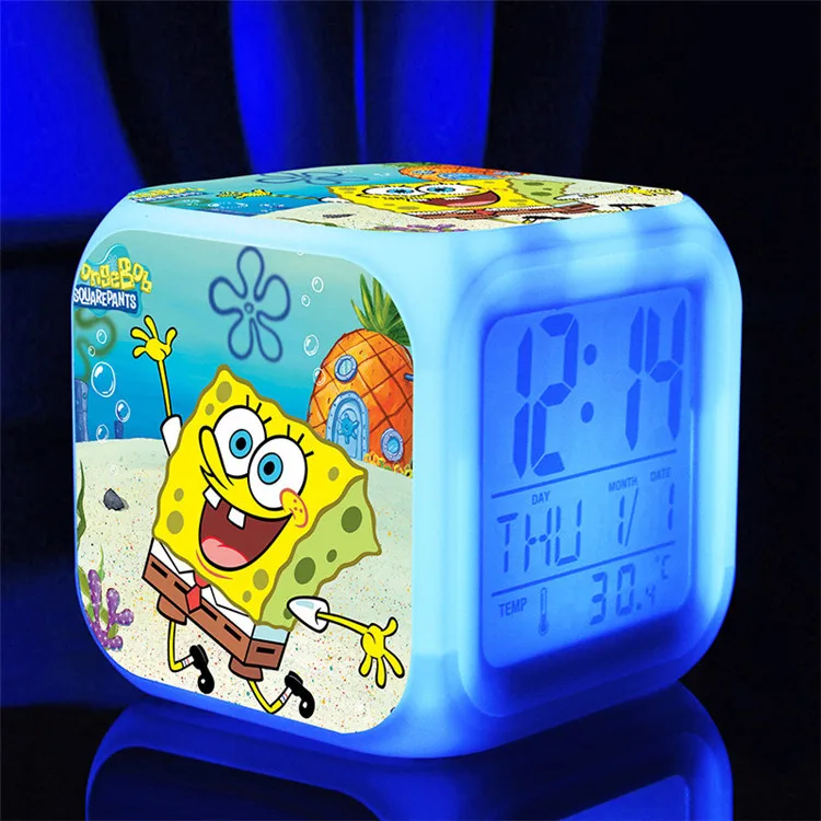 SpongeBob светодиодный Будильник 7 цветов светящийся большой экран цифровой детский будильник подарок на день рождения многофункциональные сенсорные часы - Цвет: Светло-серый
