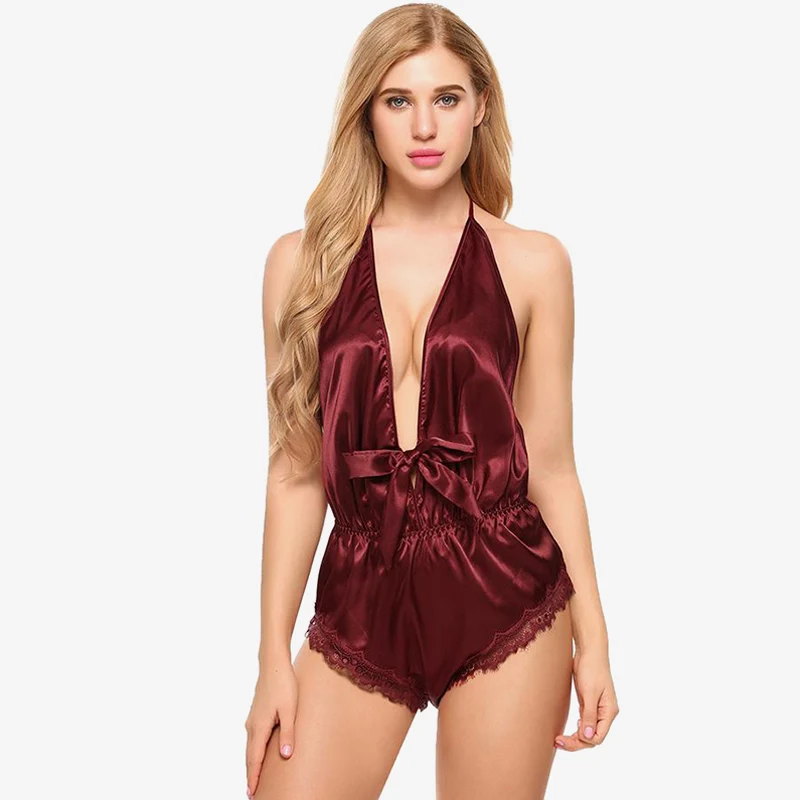 wine red MCCKLE, женские кружевные атласные сексуальные боди без рукавов с открытой спиной, женские комбинезоны с завязками на шее,, весенне-летние женские комбинезоны - Цвет: wine red