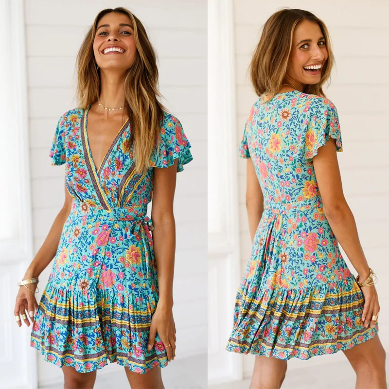 Boho Винтаж Цветочный принт мини-платье Для женщин 2019 Новая мода V шеи платья с