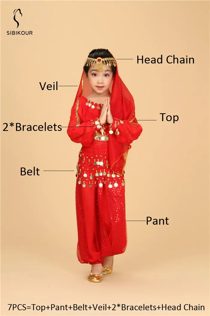 Red 7pcs Болливуд набор костюма для танца живота для детей Египетский восточный индийский танец живота костюм для девочек платье 120D шифон Топ Брюки - Цвет: Red 7pcs