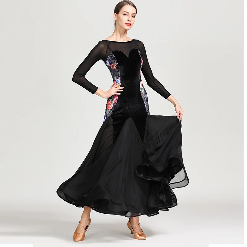 Фото Женское платье для бальных танцев с о-вырезом похудения длинным рукавом