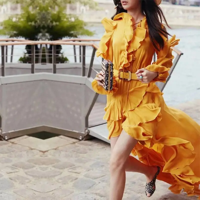 Высокое качество сексуальное длинное платье с оборками элегантное