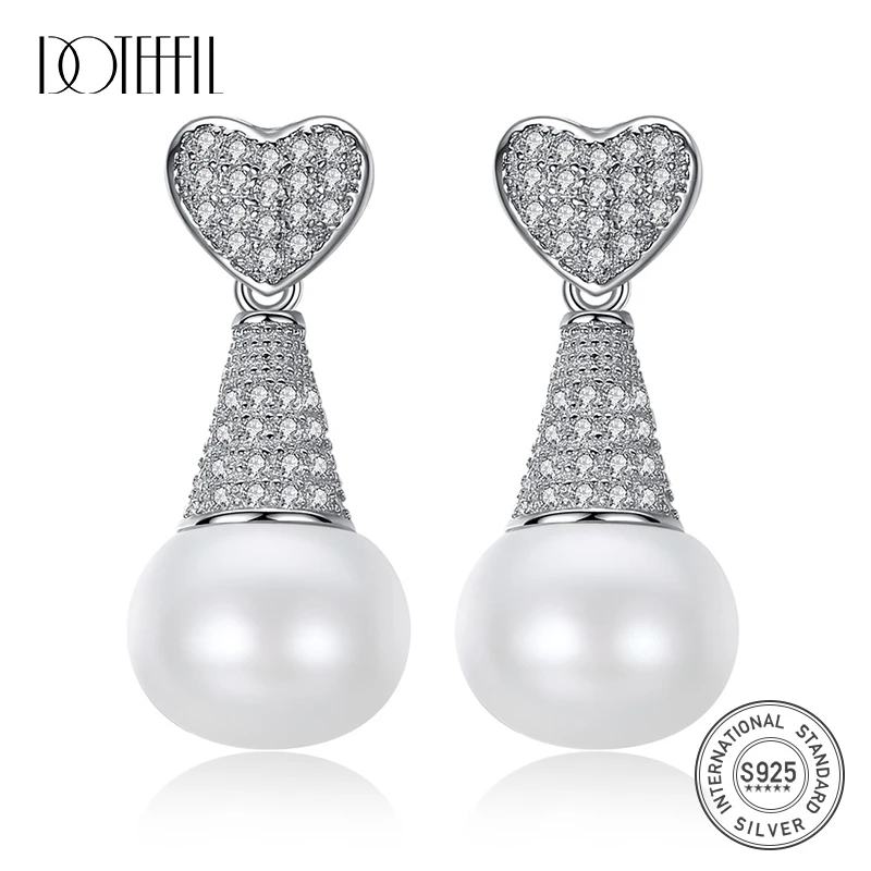

DOTEFFIL 12mm White/Yellow Natural Pearl 925 Sterling Silver AAA Zircon Heart Earrings For Women Wedding Engagement Jewelry