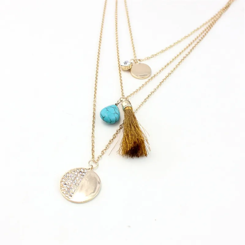 XQ 2015 free shipping Multilayer gold thread broken personality necklace Three layers of water droplets green pine | Украшения и