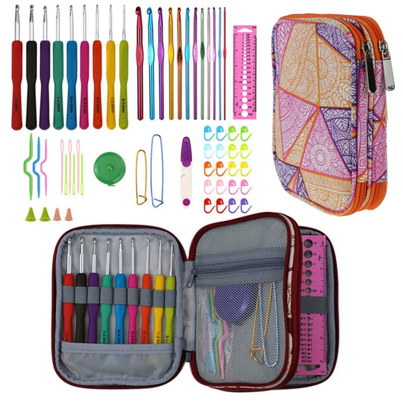 9 Styles Crochet Hooks Needles Set Yarn Weave Knitting Needles Hook Scissors Rulers Sewing Tools Crochet Kit with Crochet bags
