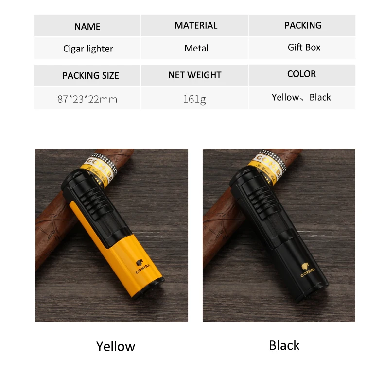 COHIBA зажигалка для сигар, 1 струйный огонь, портативный бутановый газовый прикуриватель, карманный фонарь, зажигалка, аксессуары для сигар и подарочная коробка