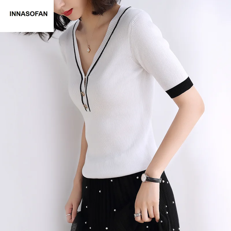 INNASOFAN Thin sweater Female Spring-Summer Knitted Eurasian fashion elegant short sleeve and V-collar | Женская одежда