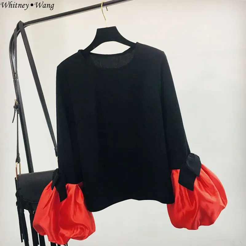 WHITNEY Ван 2018 осень-зима уличной моды Цвета контраст Фонари рукавом Блузка Для