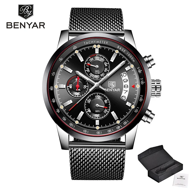 S-black box Мужские часы BENYAR, новинка, топ класса люкс, бренд, Бизнес Стиль, дата, мужские часы, сетка, нержавеющая сталь, кварцевые часы с хронографом, zegarek meski - Цвет: S-black box