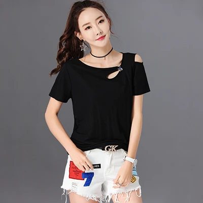 t shirt black Shintimes футболка женская летняя с открытыми плечами топы Короткий рукав белые футболки Асимметричная футболка женская футболка Femme - Цвет: t shirt black