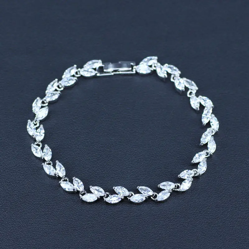 silver color White Zircon Crystal Angelic Leaf Bracelet And Pretty Long Earrings Jewelry Set For Women Anniversary | Украшения и