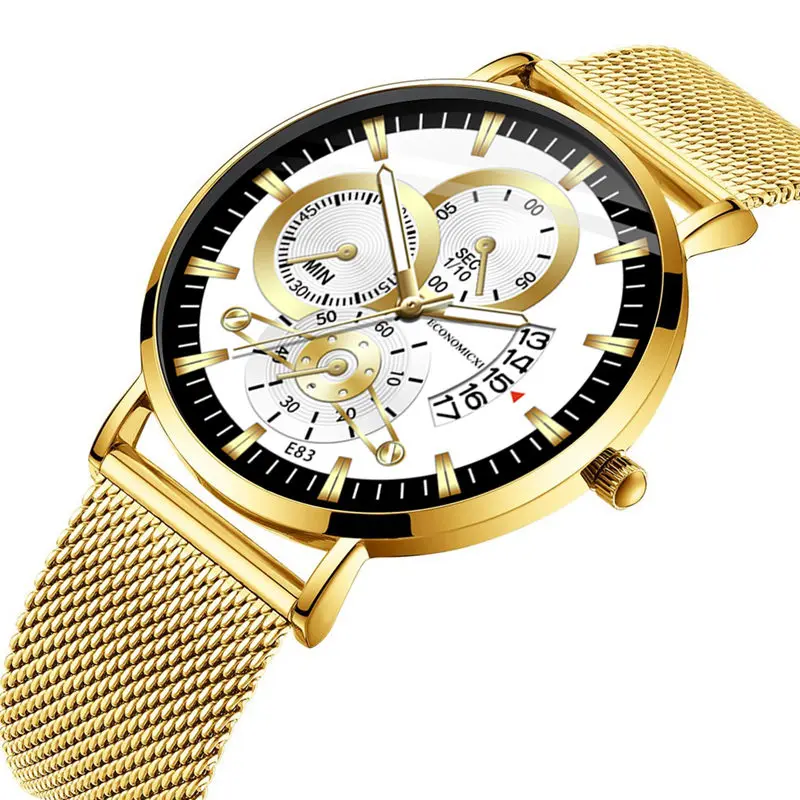 GoldWhite Кварцевые роскошные мужские часы дизайн бизнес светящиеся мужские s часы с сетчатым РЕМЕШКОМ НАРУЧНЫЕ ЧАСЫ современный подарок Pasadores Para Reloj - Цвет: GoldWhite
