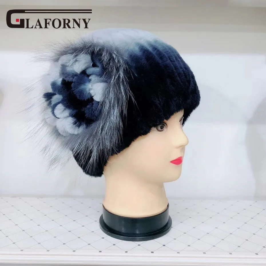 Glaforny, новинка, женские модные меховые шапки, настоящий мех кролика, шапки с цветами сбоку, мех серебристой лисы, шапки для русской зимы