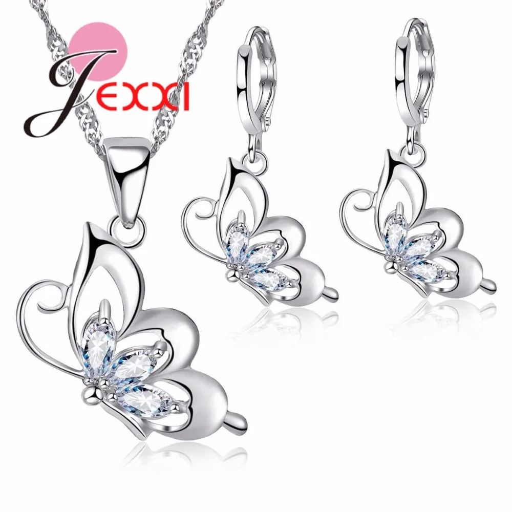 

925 Sterling Silver Jewelry Sets for Women Wedding Necklace Pendant Hoop Earrings Elegant Cubic Zirconia Butterfly