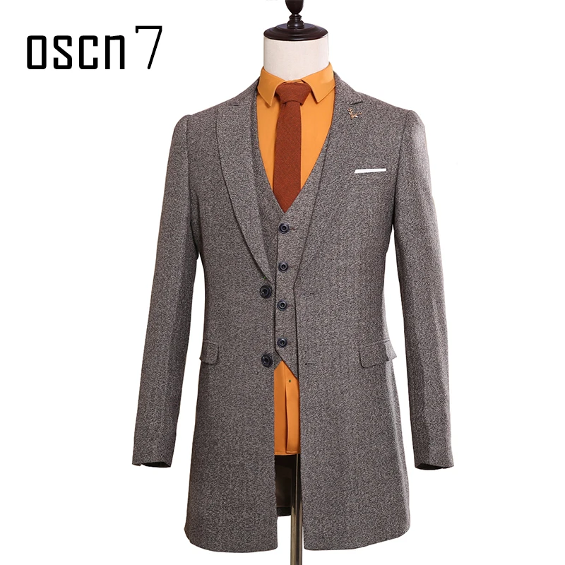 OSCN7 серый шерстяной приталенный длинный костюм для мужчин на заказ сплошной цвет