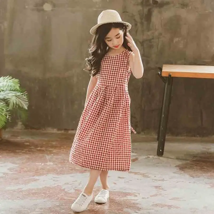 Red Plaid Dress for Girls Summer Kids England Fashion Linen Long Dresses Teen Girl Sleeveless Maxi 8 10 12 14 | Детская одежда и