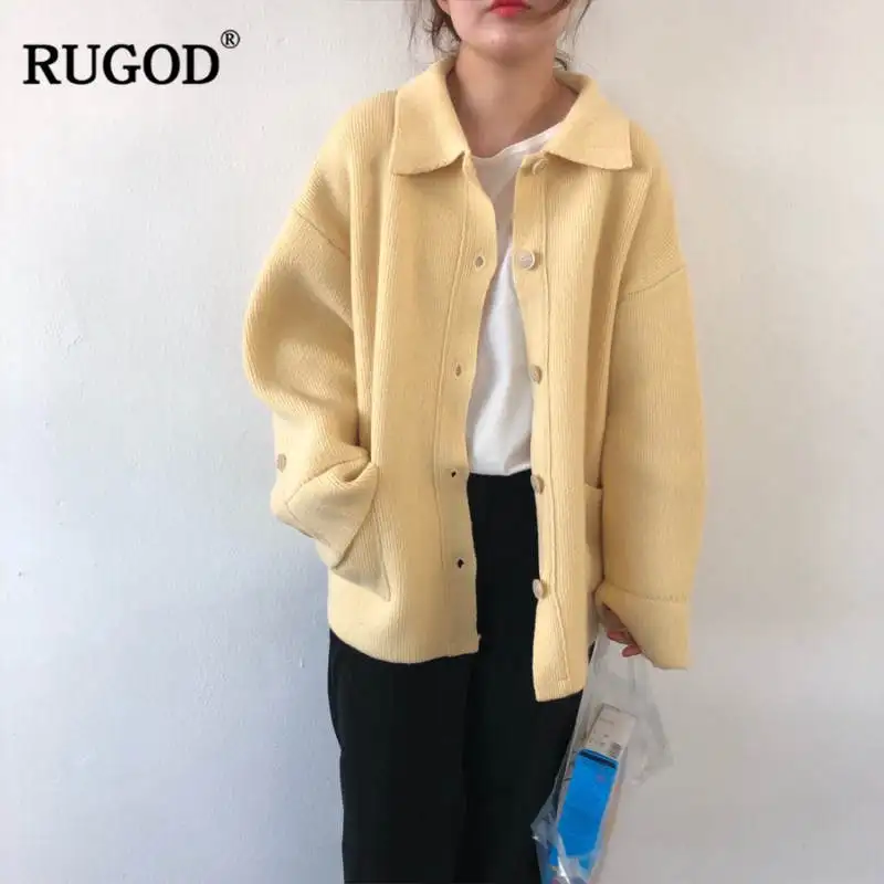 RUGOD осенне-зимний толстый свитер, кардиганы для женщин, модный однобортный вязаный кардиган с карманами, пальто для женщин - Цвет: Цвет: желтый