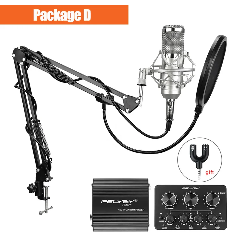 Silver Package D FELYBY bm 800, профессиональный конденсаторный микрофон для компьютера, аудио студия, вокальное запись, караоке, интервью, микрофон, фантомное питание - Цвет: Silver Package D