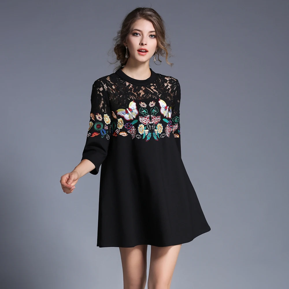 Maxlindy летние платья Кружева Вышивка Бабочка Лоскутная Стенд воротник Винтаж