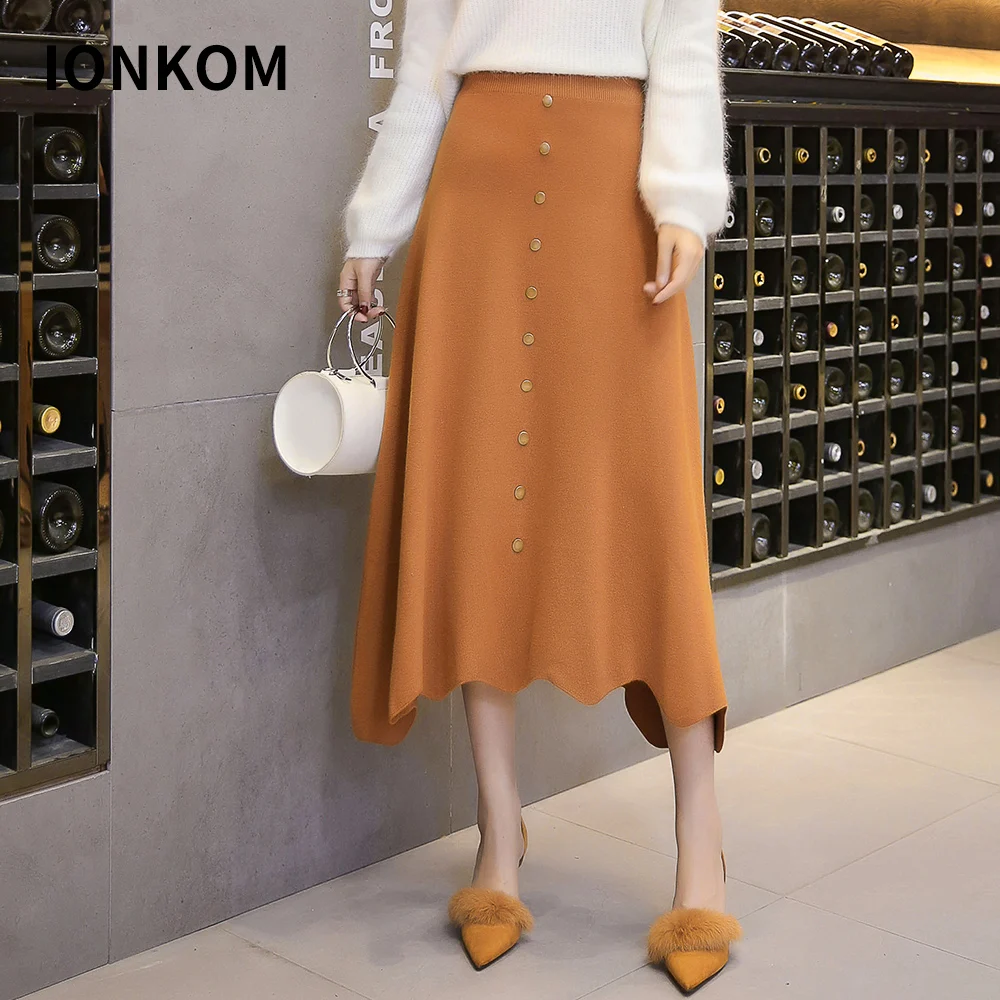 IONKOM Elegant Office Ladies High Elastic Waist Skirt Button Fly Irregular Hem Autumn Skirts Womens A Line Knitted Midi | Женская одежда