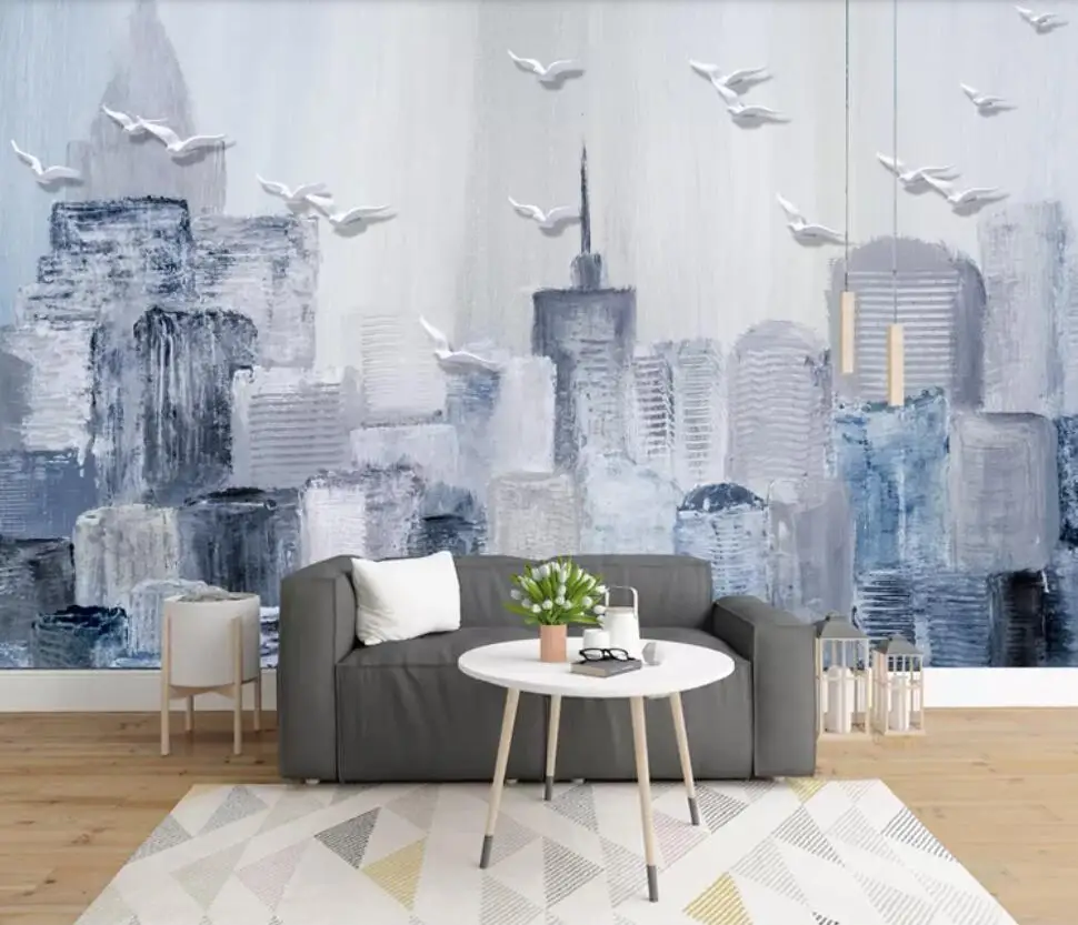 

Modern minimalist Nordic retro urban architecture birds decorated wallpaper murals background wall