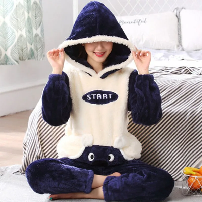

Plus size S-4XL 5XL flannel Pajamas sets winter women hooded with Animals lover sleepwear women cartoon coral fleece lounge set