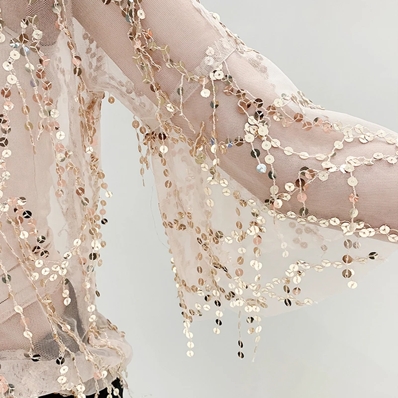 Blusas женская рубашка Сексуальная кружевная с пайетками летнее платье юбкой годе