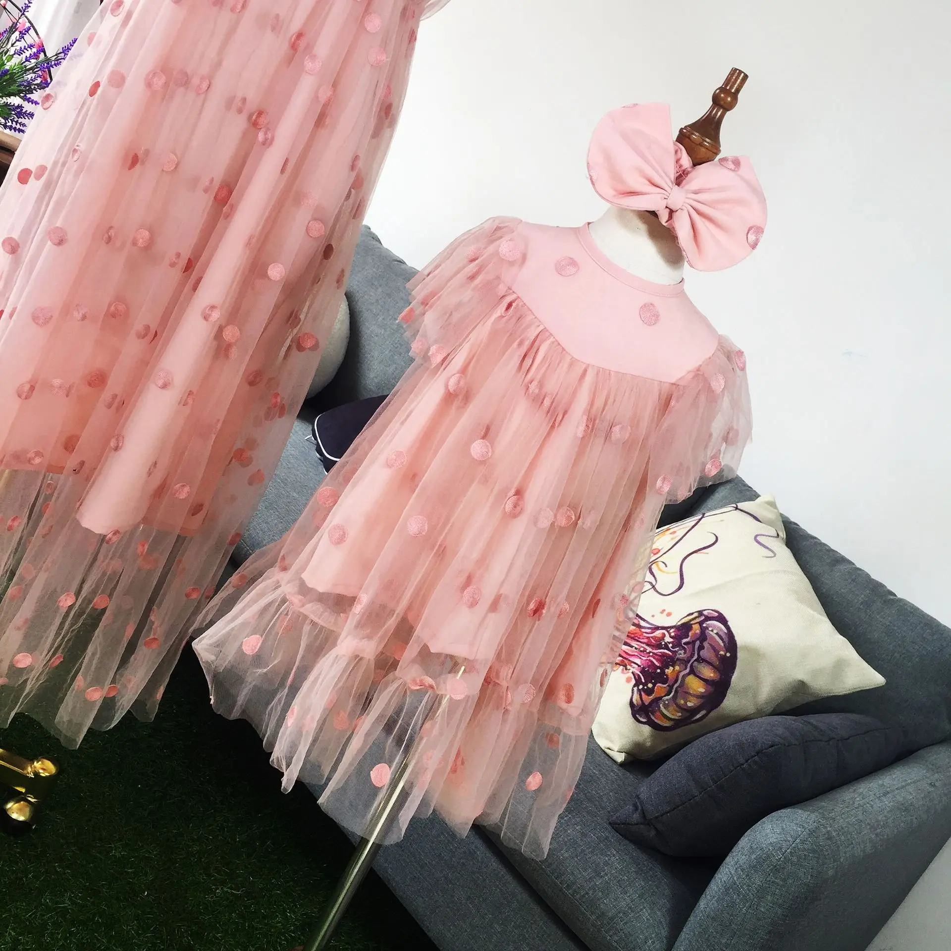 Вечерние платья для матери и дочери летние розовые одежда|Сочетающаяся одежда