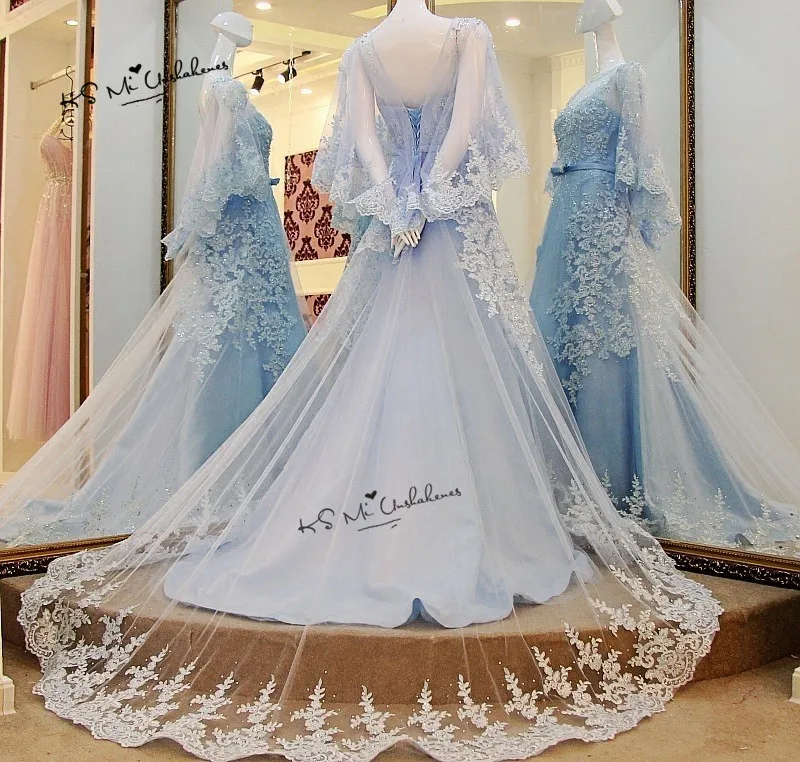 Boho цвета слоновой кости Синие Свадебные платья Vestido de Noiva Кружевное Свадебное Платье трапециевидного размера плюс свадебные платья с накидкой бисером Gelinlik