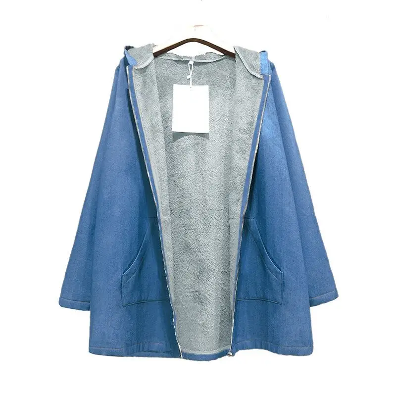 Мода 2018 зимние женские плотные джинсовые пальто с капюшоном Повседневный