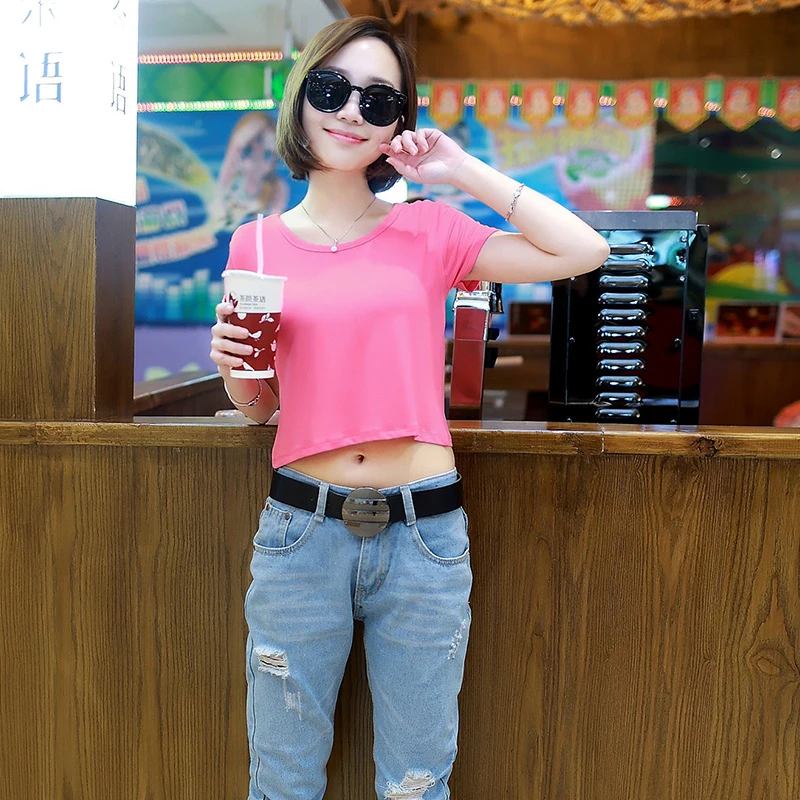 Однотонная Летняя женская укороченная майка Сексуальная короткая футболка с