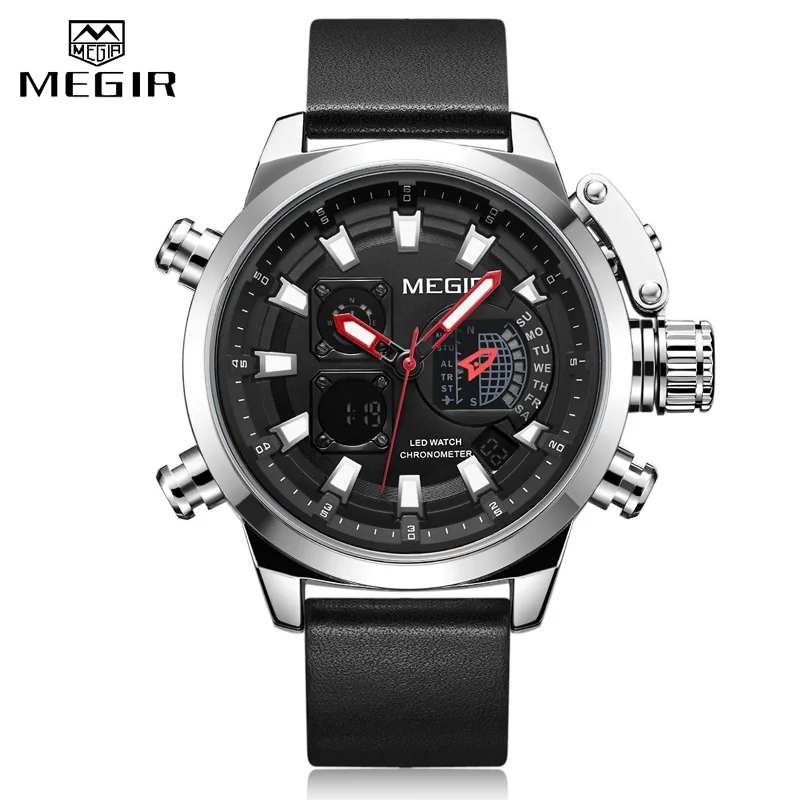 Black Silver MEGIR новые часы мужские роскошные брендовые аналоговые цифровые спортивные мужские часы с кожаным ремешком армейские военные водонепроницаемые наручные часы мужские часы - Цвет: Black Silver