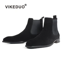 vikeduo plain black chelsea boots for men genuine cow suede shoes flat slip on ankle boots winter square toe new mans footwear