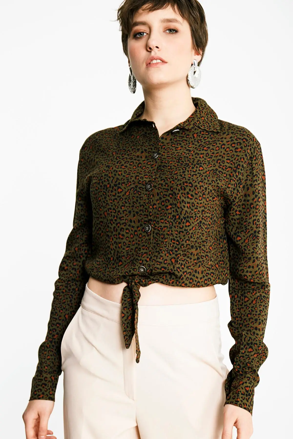 Gethit Women Khaki Leopard print Pockets Gusset Shirt 19Y181386 |
