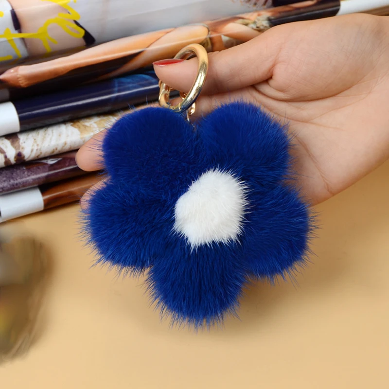 Роскошный пушистый брелок из натурального меха норки милый цветок металлическое
