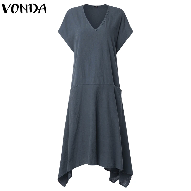 VONDA, женское сексуальное платье, лето, v-образный вырез, короткий рукав, карманы, неровная кромка, хлопок, платья свободного покроя, размера плюс, Vestidos