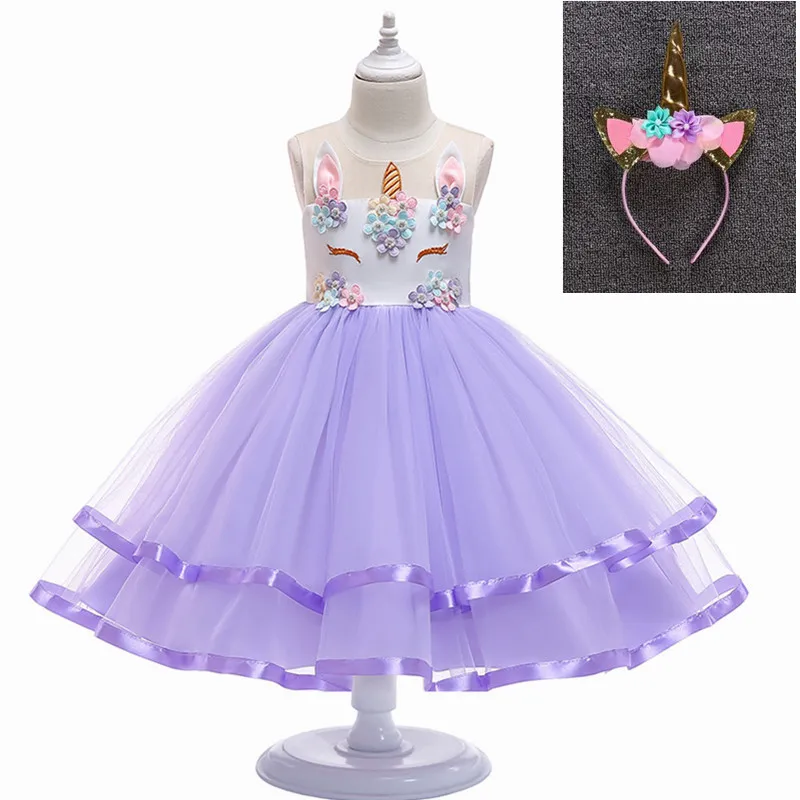purple withheaddress Для маленьких девочек с цветочным узором для девочек с единорогом; платье-пачка принцессы; платье для дня рождения; модное платье для вечеринки Рождественская одежда костюм единорога - Цвет: purple withheaddress