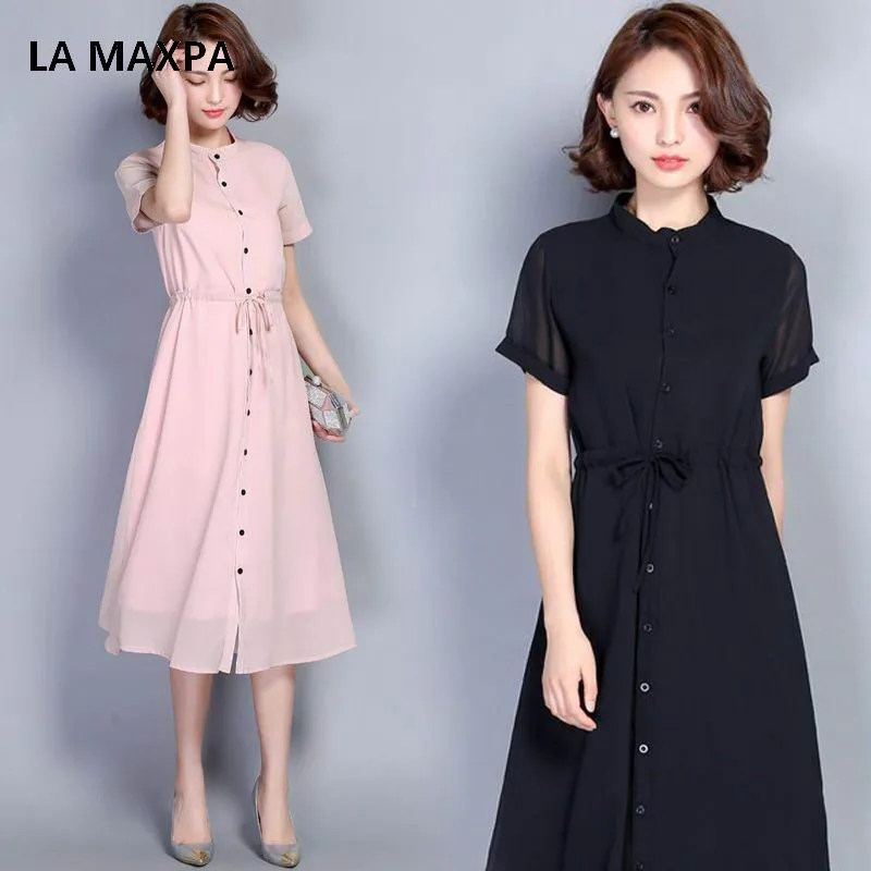 Летняя модная женская шифоновая рубашка воротник с короткими рукавами платье