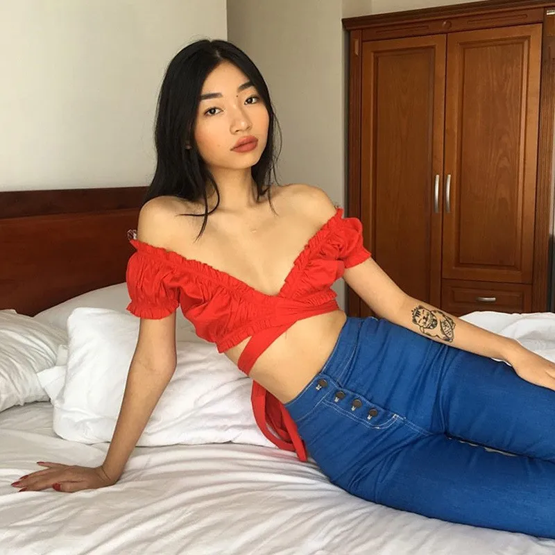 Однотонные укороченные топы с v образным вырезом на шнуровке для женщин уличные