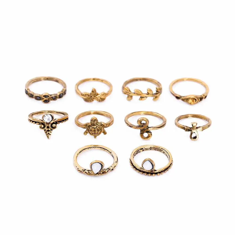 BXW 10 шт./компл. Boho винтажное милое кольцо с черепахой набор открывающиеся кольца
