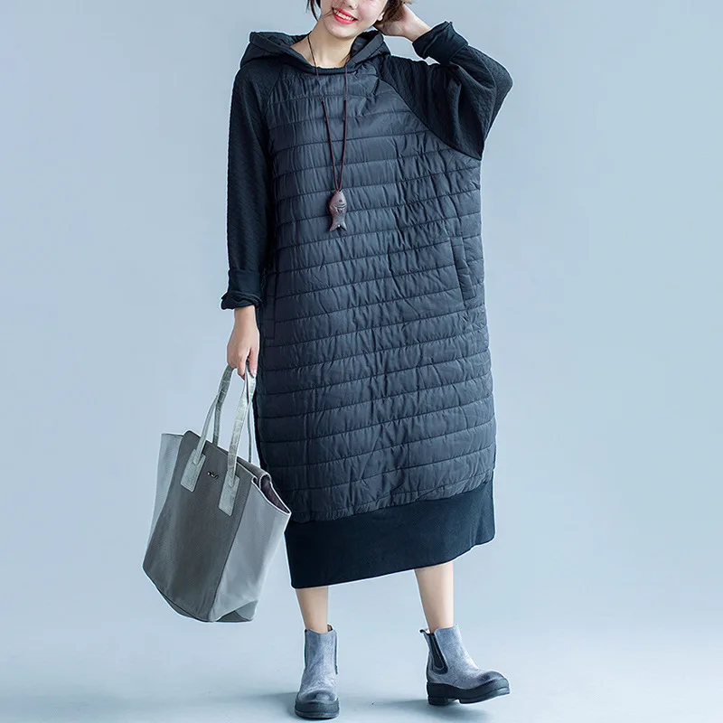 Платье с капюшоном Johnature женское черное теплое винтажное длинным рукавом |