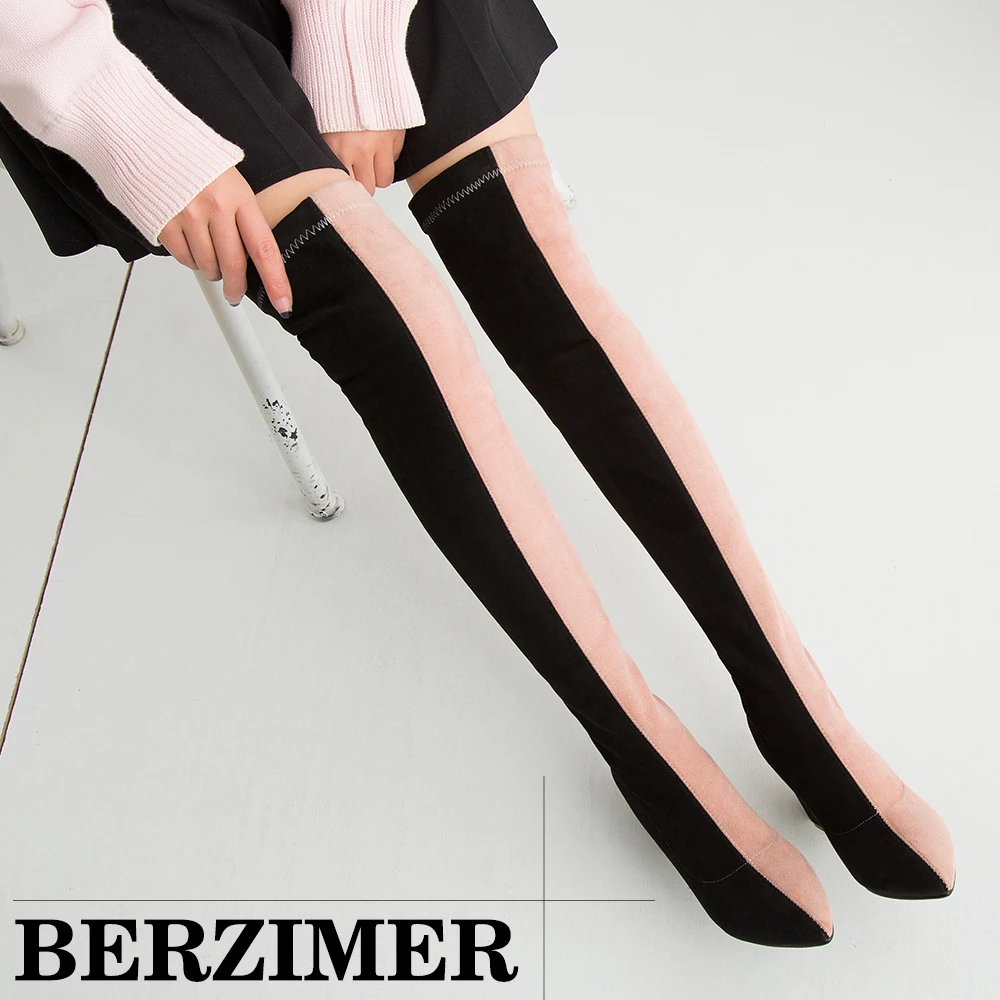 

BERZIMER/модные зимние сапоги выше колена для женщин, на массивном каблуке, Лоскутная Повседневная обувь из коровьей замши, женская обувь, разме...