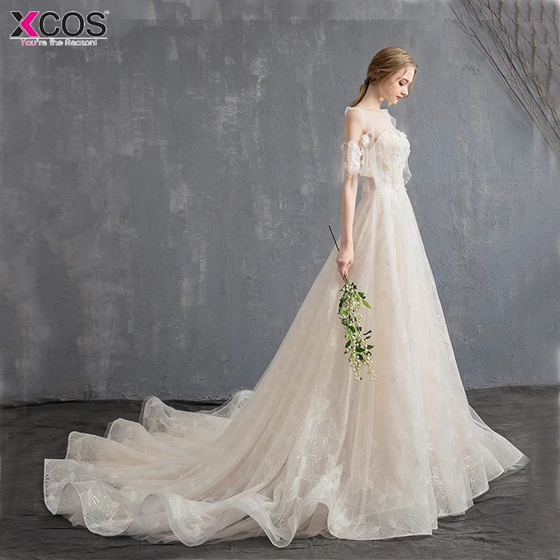 Новинка 2018 свадебное платье цвета шампанского трапециевидной формы со шлейфом и