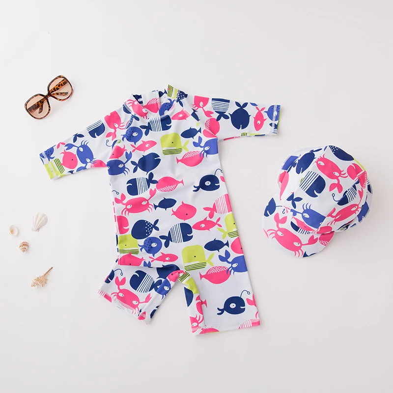 Детские купальники UPF50 детский слитный купальник с шапочкой и мультяшным принтом