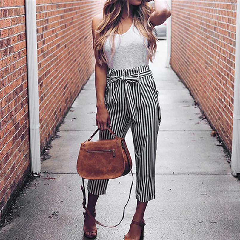 Women Pants 2019 Summer New High Waist Harem Ladies Elegant Bowtie Elastic Fashion Striped Casual Long #J22 | Женская одежда