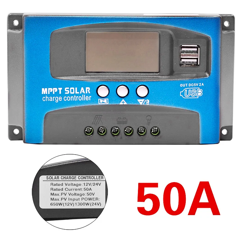 50A 30/40/50/60/100A MPPT Контроллер заряда для фотоэлектрических систем, два USB выхода, ЖК-дисплей Дисплей 12V 24V авто светодиодный фонарь на солнечной батарее Панель Зарядное устройство регулятор с нагрузкой - Цвет: 50A