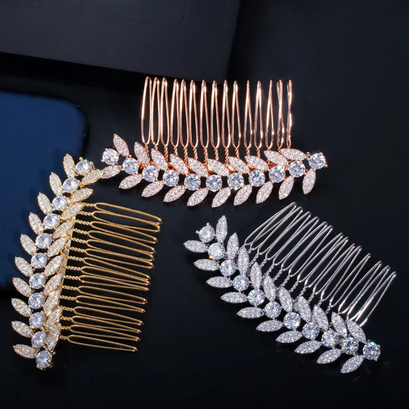 CWWZircons Luxury White Gold Color Shiny Cubic Zirconia Stone Leaf Bridal Wedding Hair Combs Pins Jewelry Accessories A011