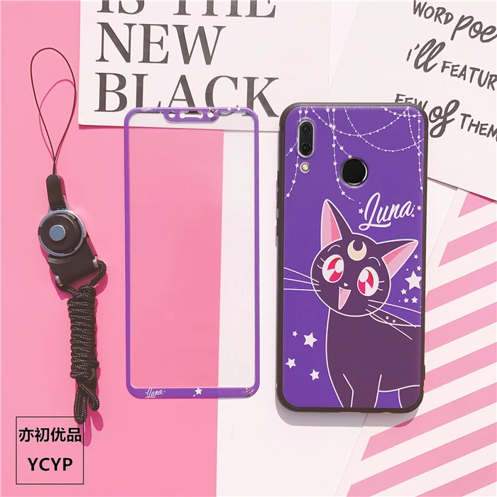 As shown Mate 20 милый чехол Luna cat+ пленка для экрана из закаленного стекла для huawei Nova4/3/3E/P20/P20 pro/P10/P10plus Сейлор Мун чехол - Цвет: As shown